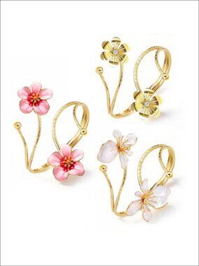 3Pc Gold Tone Alloy Flower Arm Cuff Bracelet Set Adjustable Open Bangle